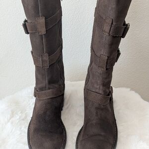 Born Dark Brown Suede Buckle Moto Boots